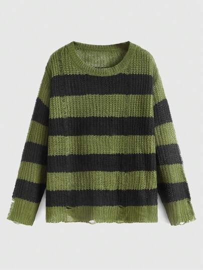 Fairycore Plus Pull Bicolore Déchiré Épaule tombante