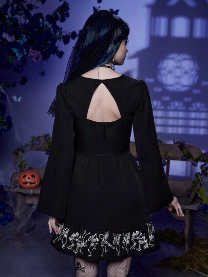 Corpse Bride | ROMWE Skull Print Lace Up Ruffle Hem Dress