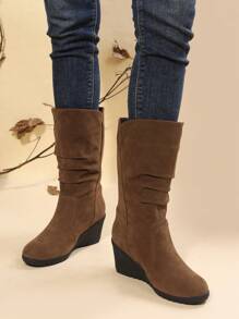 女式厚底坡跟中筒靴，绒面革增高短靴 - 棕色 - 查看 5