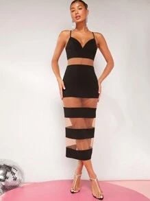 Hauture Contrast Sheer Mesh Panel Bodycon Cami Dress - Black - View 4