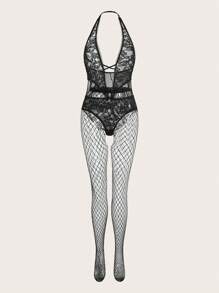 Spicy Aura Women Sexy Lingerie Kontras Lace Criss Cross Memotong Plain - Hitam - View 1