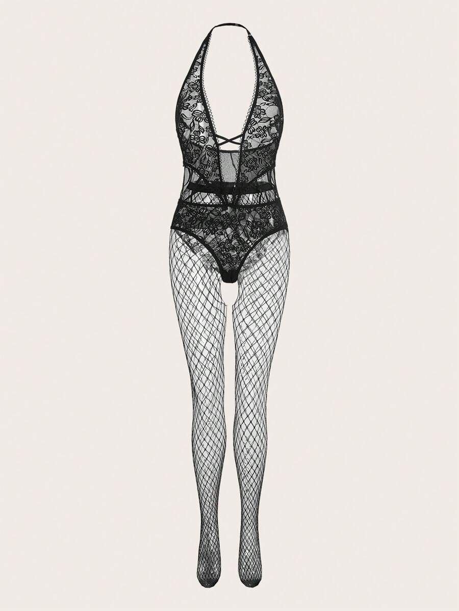 Spicy Aura Women Sexy Lingerie Kontras Lace Criss Cross Memotong Plain - Hitam - View 1