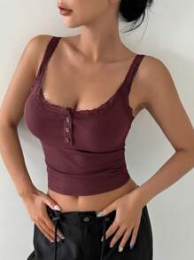 DAZY Lace Trim Button Front Crop Cami Top - Burgundy - View 4