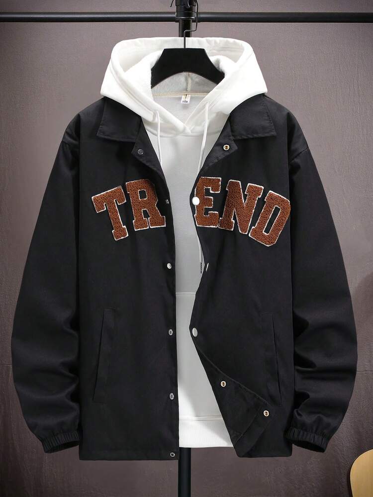 Men Loose Letter Patched Drop Shoulder Jacket Without Hoodie