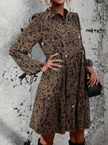 SHEIN LUNE Allover Print Lantern Sleeve Ruffle Hem Smock Dress