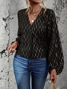 SHEIN LUNE 滿版印花燈籠袖襯衫 - 黑色 - 查看 4