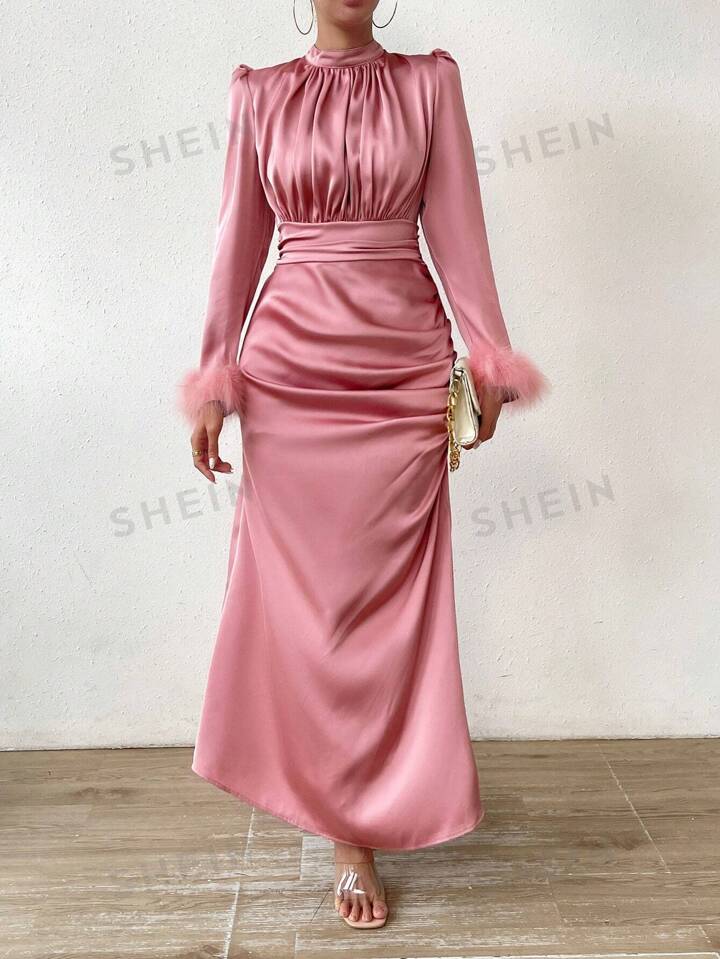 SHEIN Prive Fuzzy Cuff Ruched Detail Satin Dress