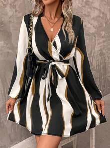 SHEIN Clasi 撞色燈籠袖繫腰帶洋裝 - 黑色 - 查看 6