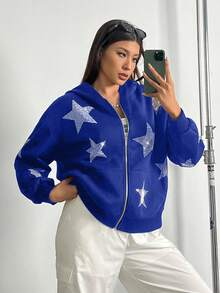 SHEIN EZwear Plus Size Star Print Drop Shoulder Zip Up Sweatshirt - Blue - View 4