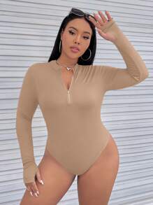 SHEIN EZwear 大碼半拉鏈修身連體衣 - 卡其色 - 查看 3
