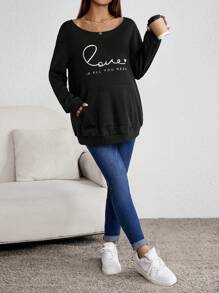 SHEIN Maternity Letter Graphic Kangaroo Pocket Drop Shoulder Sweatshirt, For Winter - Black - View 5