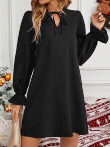 SHEIN LUNE Tie Neck Flare Sleeve Tunic Dress - Black - View 2