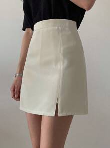 DAZY High Waist Split Hem Zip Back Skirt - Apricot - View 4