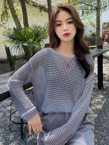 DAZY Solid Drop Shoulder Open Knit Sweater - Baby Blue - View 3