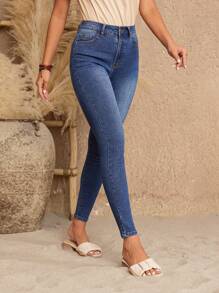 SHEIN LUNE Quần jean skinny lưng cao - Rửa tối - Xem 6