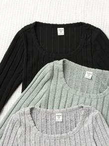 SHEIN Leap Crew Conjunto de 3 piezas para niña preadolescente de camiseta ajustada de cuello cuadrado de unicolor tejido de punto en negro, gris y verde - Multicolor - Ver 3