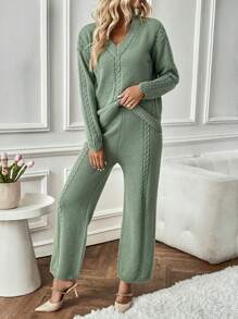 EMERY ROSE Cable Knit Drop Shoulder Sweater & Knit Pants - Green - View 4