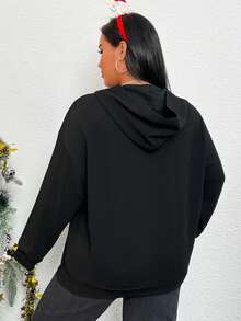 SHEIN EZwear 加大码圣诞印花落肩卫衣 - 黑色 - 查看 2