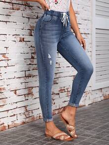 SHEIN LUNE Rách Cuộn lên Hem Eo dây rút Quần jean ôm - Màu xanh lam - Xem 5