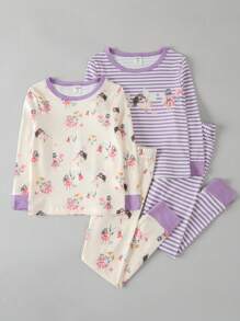 Young Girl 2sets Striped & Floral Print Snug Fit PJ Set - Multicolor - View 1