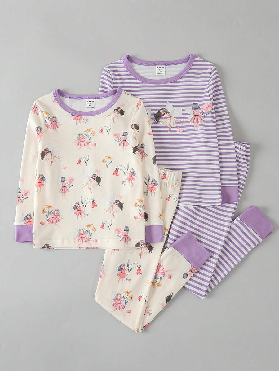 Young Girl 2sets Striped & Floral Print Snug Fit PJ Set - Multicolor - View 1