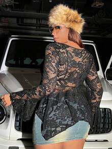 Flirla Cộng với áo ren phía trước xếp nếp không có áo ngực - màu đen - Xem 2