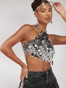 SHEIN ICON Top crop con lentejuelas - Plateado - Ver 4