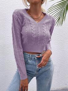 SHEIN LUNE Chất rắn Xoắn Dan Áo len Crop - Màu tím hoa cà - Xem 5
