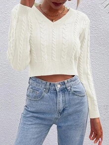 SHEIN LUNE Jersey crop unicolor tejido de cable - Beis - Ver 5