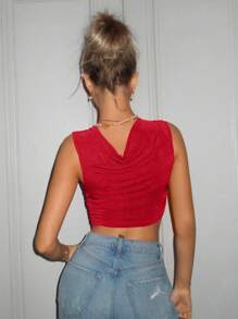 SHEIN ICON Áo Crop Top Cổ Xếp Ly Màu Đỏ - Đỏ - Xem 2