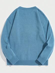 ROMWE MEN Street Life Guys Bear Pattern Drop Shoulder Sweater - Blue - View 2