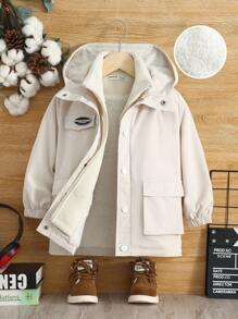SHEIN Young Boy Letter Patched Flap Pocket Thermal Lined Hooded Coat