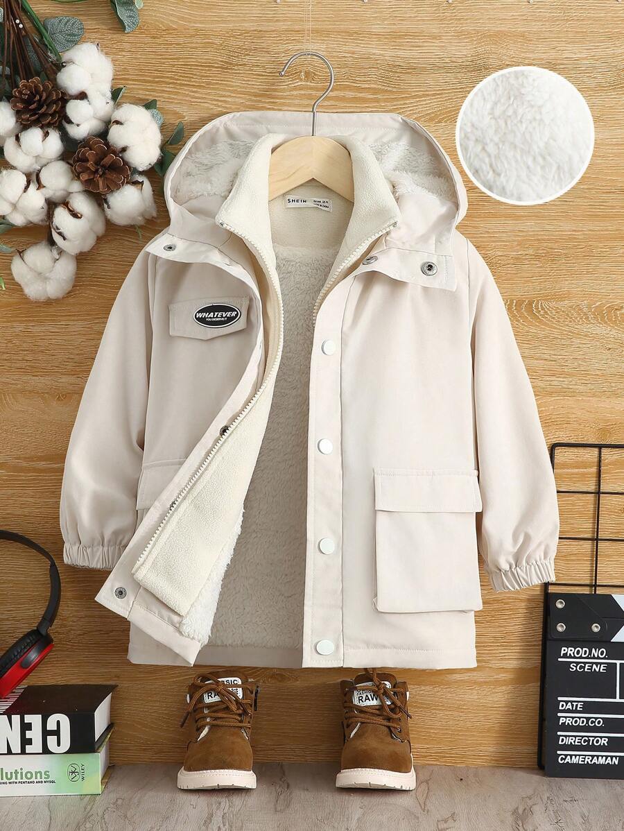 SHEIN Young Boy Letter Patched Flap Pocket Thermal Lined Hooded Coat