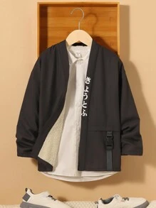 SHEIN 男大童日文字元圖案帶扣細節加絨內裏襯衫不帶T恤 - 黑色 - 查看 5