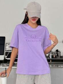 DAZY Letter Embroidery Drop Shoulder Tee - Purple - View 4