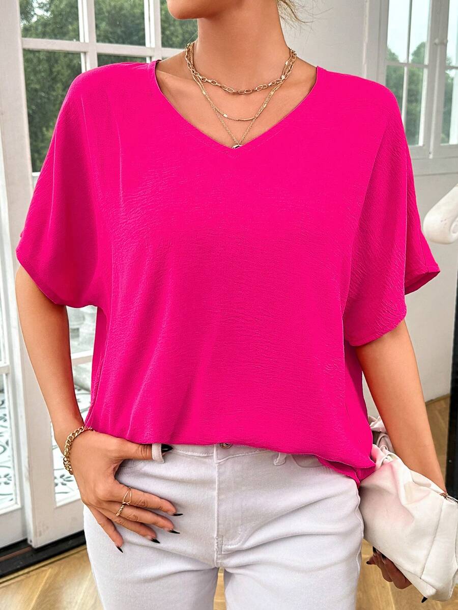 Chiquease Áo cổ chữ V tay cánh dơi rắn - Màu Hồng Tươi - Xem 1