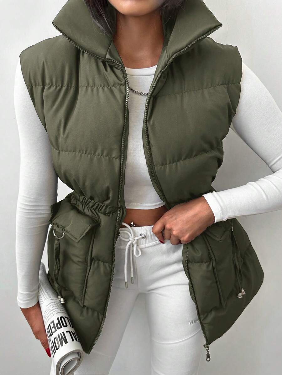 EURMUSE Elastic Waist Zipper Vest Puffer Coat - Dark Green - View 1