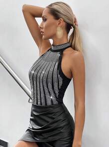 Allurite Studded Detail Halter Top - Black - View 6