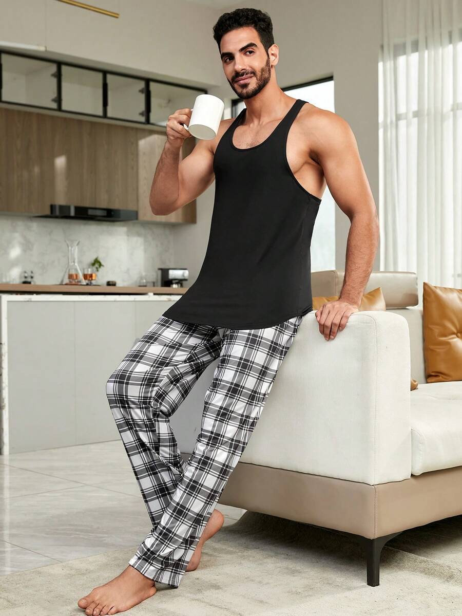 Men Solid Tank Top & Plaid Print Pants PJ Set - Multicolor - View 1