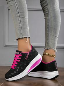 秋冬女士透气舒适厚底运动鞋，带绑带和坡跟，女士运动鞋 - 黑色 - 查看 4