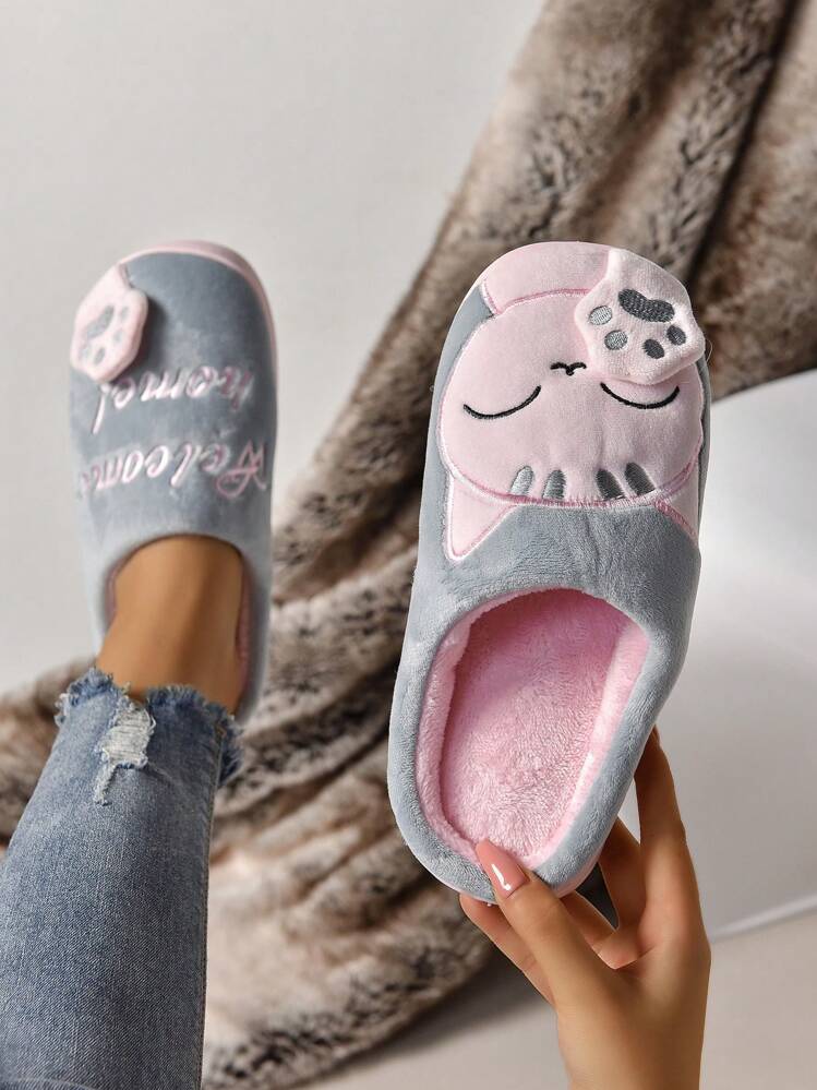 Nuevas zapatillas de casa de mujer para otoño/invierno con bordado de dibujos animados esponjosos, estilo de pareja Maneki-Neko, zapatillas de casa grises cálidas para interiores - Multicolor - Añade 3