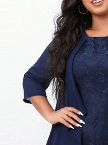 Plus Contrast Lace Asymmetrical Hem Dress - Navy Blue - View 3