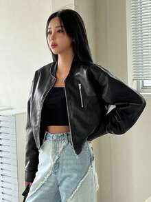 DAZY Cazadora tipo bomber con cremallera PU - Negro - Ver 4