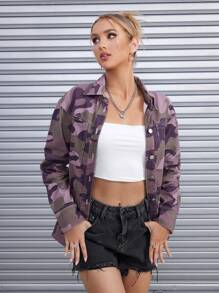 SHEIN ICON 迷彩印花前紐扣牛仔夾克 - 淺灰紫 - 查看 4