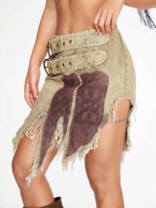 SHEINNeu 女式不对称下摆磨边拼色半身裙 - 軍綠色 - 查看 4