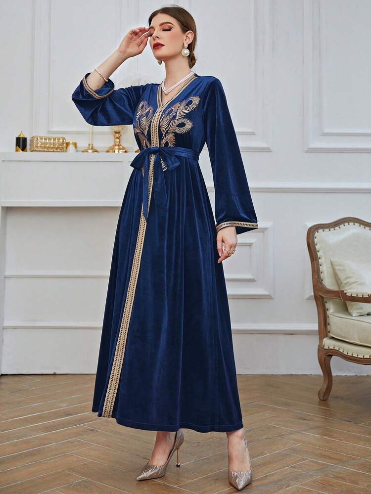 green emerald velvet dress Handmade Silk Crepe Moroccan Kaftan: Gold Thread Embroidery, Belted Takchita main image 0