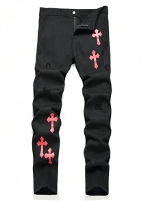 Manfinity EMRG Men Cross Print Ripped Jeans - Black - View 1