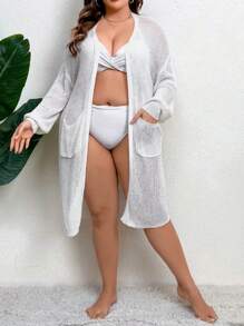 SHEIN Swim Curve Summer Plus Size Drop Shoulder Pocket Patched Open Front Kimono