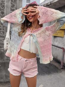 SHEIN Qutie Ombre Tie Front Pointelle Knit Cardigan - Multicolor - View 1