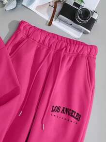 SHEIN EZwear Letter Graphic Drawstring Thermal Lined Hoodie & Sweatpants - Hot Pink - View 4